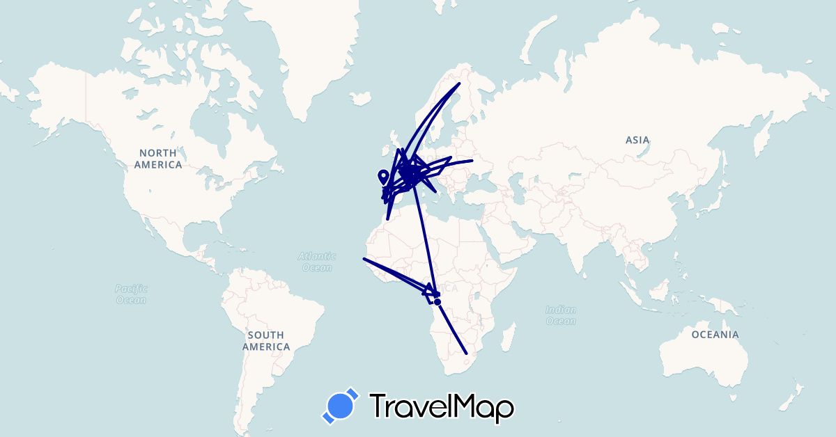 TravelMap itinerary: driving in Austria, Belgium, Republic of the Congo, Cameroon, Germany, Spain, Finland, France, Gabon, United Kingdom, Italy, Morocco, Netherlands, Poland, Portugal, Slovenia, Senegal, Ukraine, South Africa (Africa, Europe)